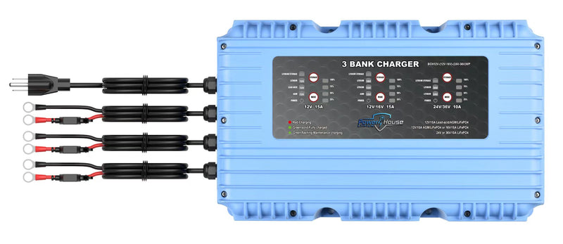 Load image into Gallery viewer, PowerHouse Lithium 12V-(12V-16V)-(24V-36V)WP 3-Bank Waterproof Battery Charger
