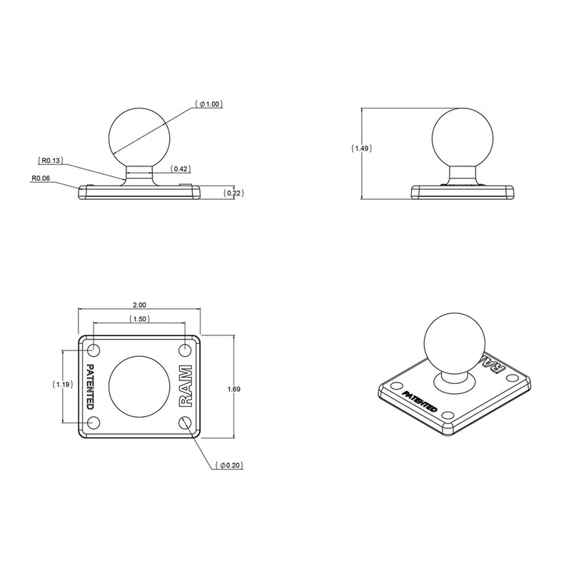 Load image into Gallery viewer, RAM Mount Square 2&quot; x 1.7&quot; Base w/1&quot; Ball [RAM-B-347U]
