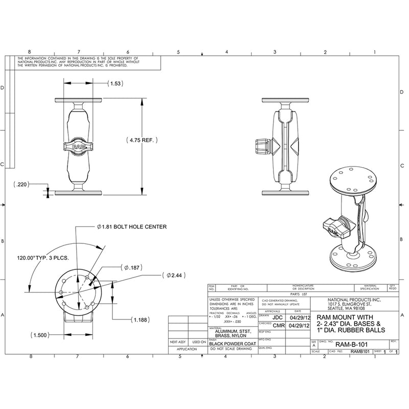 Load image into Gallery viewer, RAM Mount 1&quot; Ball Light Use Surface Mount f/Garmin echo 100, 150, 300c [RAM-B-101-G4]
