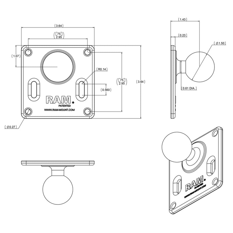 Load image into Gallery viewer, RAM Mount 75mm x 75mm VESA 3.625&quot; Plate w/1.5&quot; Diameter Ball [RAM-2461U]
