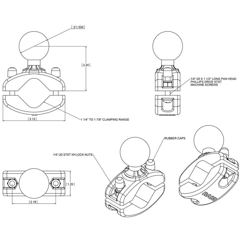 Load image into Gallery viewer, RAM Mount 1-1/4&quot; - 1-7/8&quot; Rail Clamp Base w/1.5&quot; Ball [RAM-271U-12]
