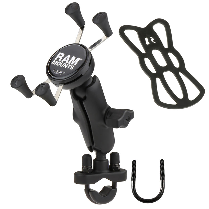 Load image into Gallery viewer, RAM Mount Handlebar Rail Mount w/Zinc Coated U-Bolt Base and Universal X-Grip Cell/iPhone Cradle [RAM-B-149Z-UN7U]
