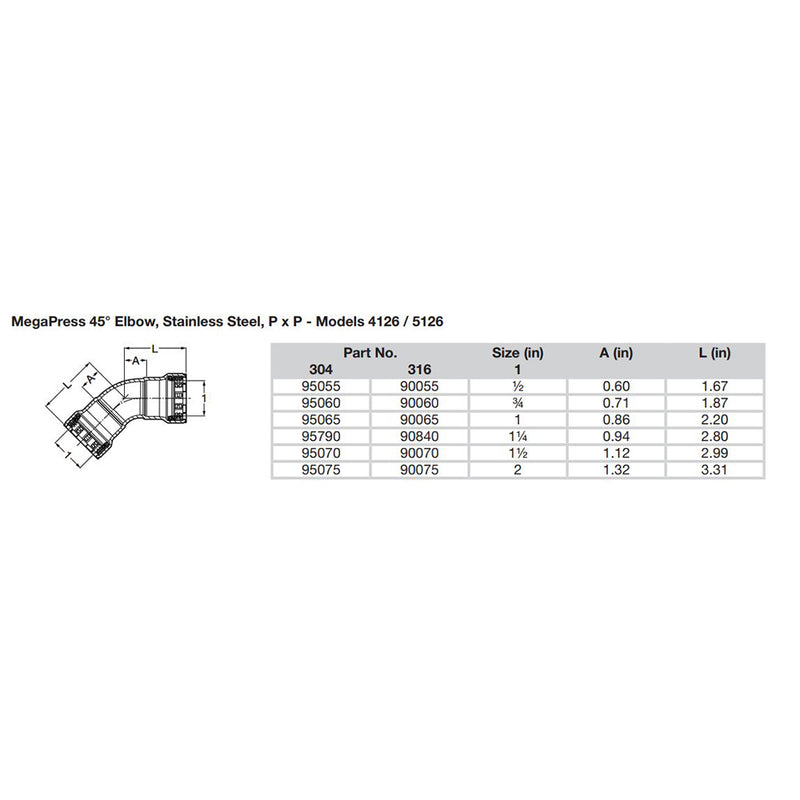 Load image into Gallery viewer, Viega MegaPress 1/2&quot; 45 Stainless Steel 304 Elbow - Double Press Connection - Smart Connect Technology [95055]
