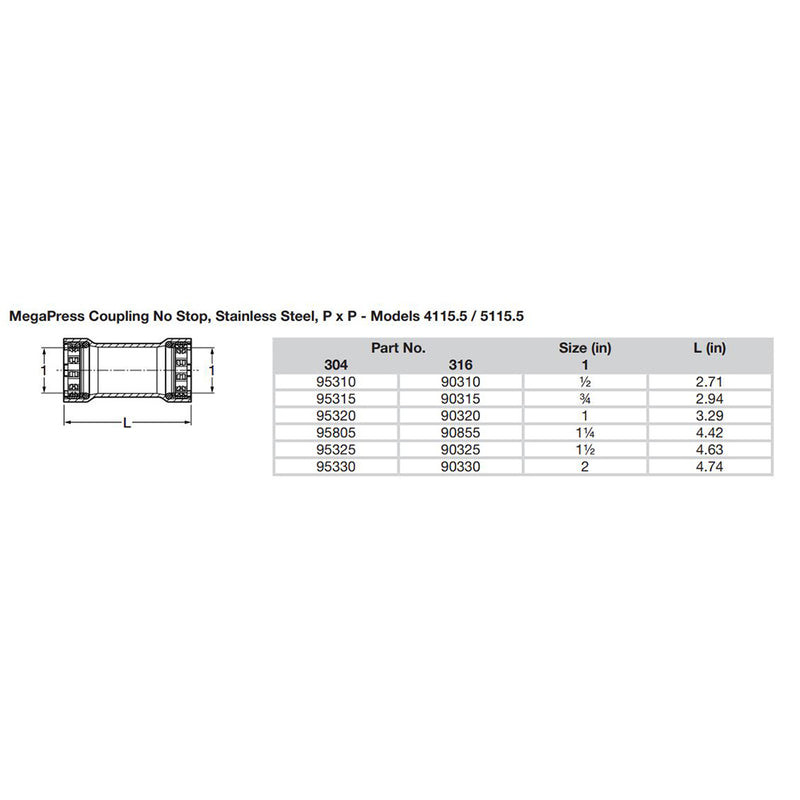 Load image into Gallery viewer, Viega MegaPress 1/2&quot; Stainless Steel 304 Coupling w/o Stop - Double Press Connection - Smart Connect Technology [95310]
